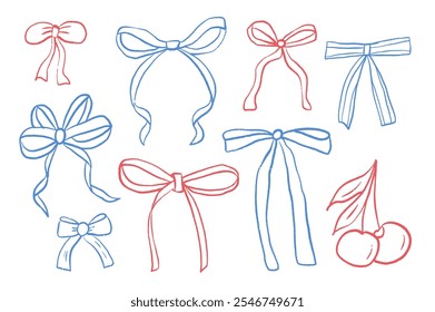 Cores patrióticas vermelho e azul crayon bow. Fitas de desenho a lápis com faixas. Linha doodle estilo ilustração vetor conjunto isolado no fundo branco.