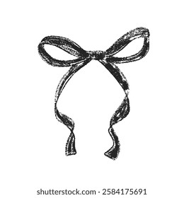 Crayon bow, ribbon. Chalk drawing band. Black coquette aesthetic bowknot. Vector illustration isolated on white background.