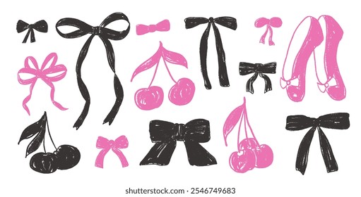 Crayon bow, ribbon and cherry set. Balletcore chalk drawing ribbon. Pink and black coquette aesthetic bowknots, pointe shoes and berries. Vector illustration isolated on white background.