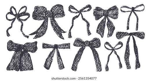 Crayon bow, ribbon set. Chalk drawing bands. Black coquette aesthetic bowknots. Vector illustration isolated on white background.