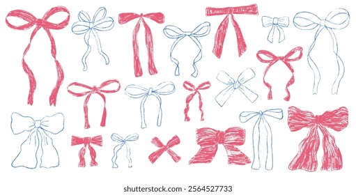 Crayon bow, ribbon set. Chalk drawing bands. Pink and blue coquette aesthetic bowknots. Vector illustration isolated on white background.