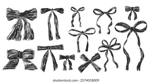 Crayon bow, ribbon set. Chalk drawing bands. Black coquette aesthetic bowknots. Vector illustration isolated on white background.
