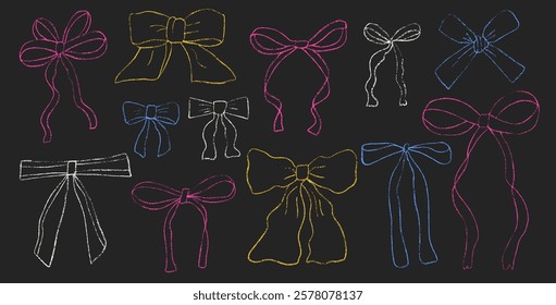 Crayon bow, ribbon set. Chalk drawing bands. Line stroke coquette aesthetic bowknots. Vector illustration isolated on dark background.