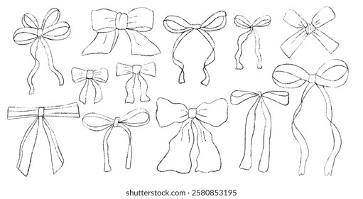 Crayon bow, ribbon set. Chalk drawing bands. Line stroke coquette aesthetic bowknots. Vector illustration isolated on white background.