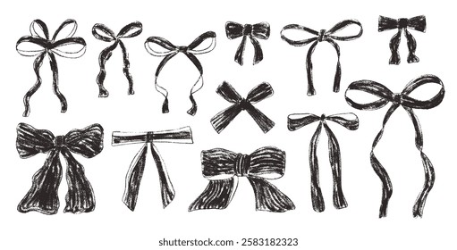 Crayon bow, ribbon set. Chalk drawing bands. Black coquette aesthetic bowknots. Vector illustration isolated on white background.