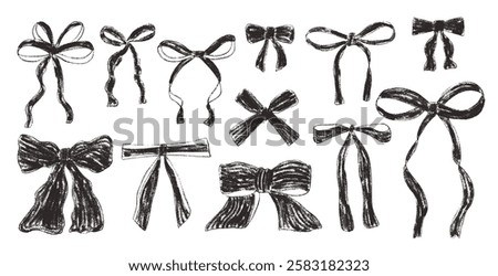 Crayon bow, ribbon set. Chalk drawing bands. Black coquette aesthetic bowknots. Vector illustration isolated on white background.