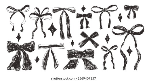 Crayon bow, ribbon set with sparkles. Chalk drawing y2k bands. Black coquette aesthetic bowknots. Vector illustration isolated on white background.