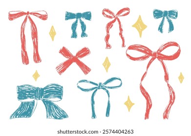 Crayon bow, ribbon set with sparkles. Chalk drawing bands. Colorful coquette aesthetic bowknots. Childish doodle present elements. Vector illustration isolated on white background.