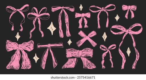 Crayon bow, ribbon set with sparkles. Chalk drawing y2k bands. Pink coquette aesthetic bowknots. Girly present elements. Vector illustration isolated on dark background.