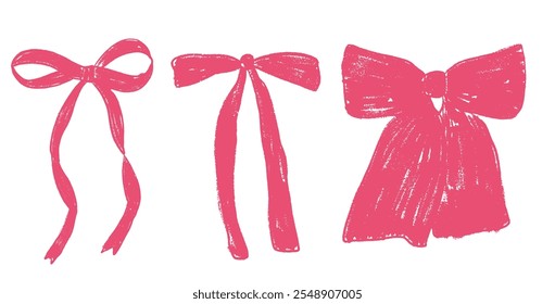 Crayon bow set. Chalk drawing ribbons coquette collection. Vector illustration isolated on white background.