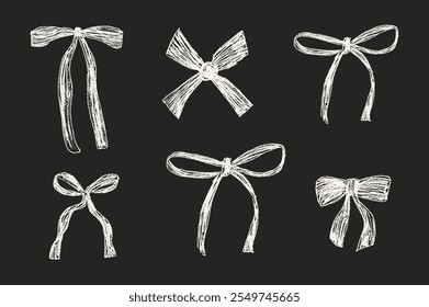 Crayon bows set. Chalk white drawing ribbon collection. Vector illustration isolated on black background.