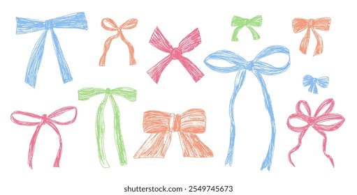 Crayon bows set. Coquette ribbons collection for gift decoration. Marker drawing bowknots pack. Colorful pencils festive decoration. Vector illustration isolated on white background.