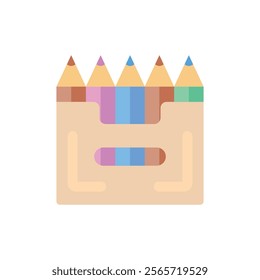 Crayon Box flat icon. Illustration of a box with colorful crayons in cartoon style. Perfect for education, art, and kids-related projects. Ideal for mobile apps and websites.
