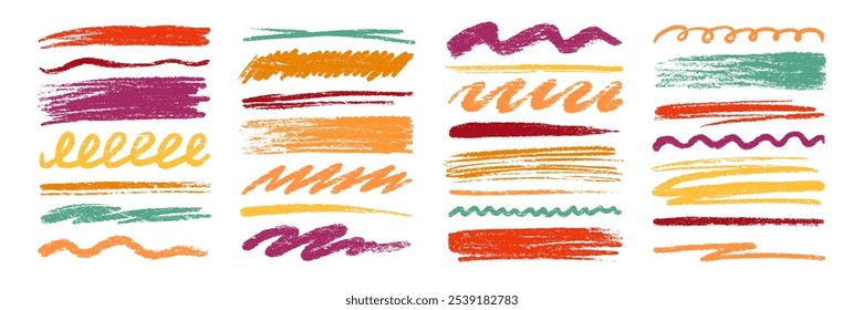 Crayon brush color pencil underline. Crayon pencil line chalk highlight stroke. Vector hand drawn brush sketch element set for accent, texture emphasis paint. Color kid chalk vector illustration