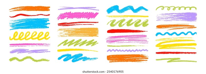 Crayon brush color pencil underline. Crayon pencil line chalk highlight stroke. Vector hand drawn brush sketch element set for accent, texture emphasis paint. Color kid chalk vector illustration