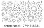 Crayon and Brush Hand Draw Twinkle Star Doodle Set, Shooting Spark Firework. Freehand Scribble Pen Sketch Icon Shape Kit. Black Star Shapes with Chalkboard Grunge Texture. Abstract Art Illustration.