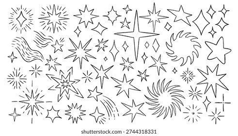 Crayon and Brush Hand Draw Twinkle Star Doodle Set, Shooting Spark Firework. Freehand Scribble Pen Sketch Icon Shape Kit. Black Star Shapes with Chalkboard Grunge Texture. Abstract Art Illustration.
