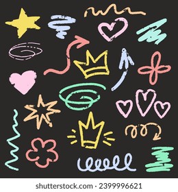 Crayon brush hand drawn strokes set. Heart, star and flower shaped, chalk arrows, wavy lines sketch elements.