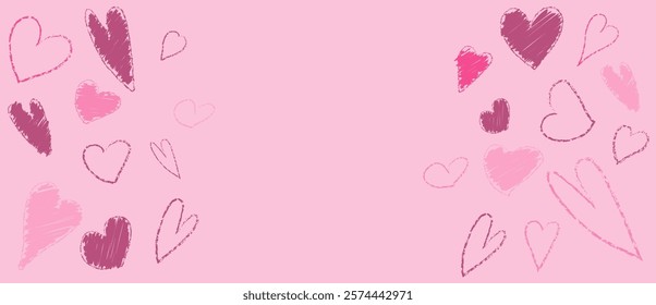 Crayon brush heart pattern. Hand drawn abstract Valentine border with pastel material. Cute chalk texture for 14 February. Lipstick or marker paintbrush stroke design. Children charcoal scratch