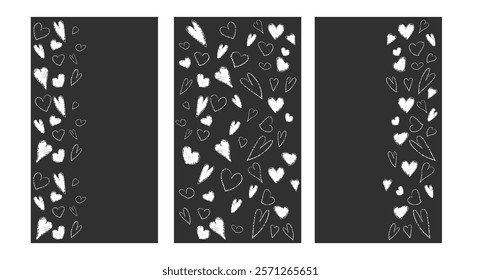 Crayon brush heart pattern for vertical story. Black and white hand drawn pastel valentine banner. Abstract chalk freehand border for love day frame. Cute lipstick texture scratch on template design