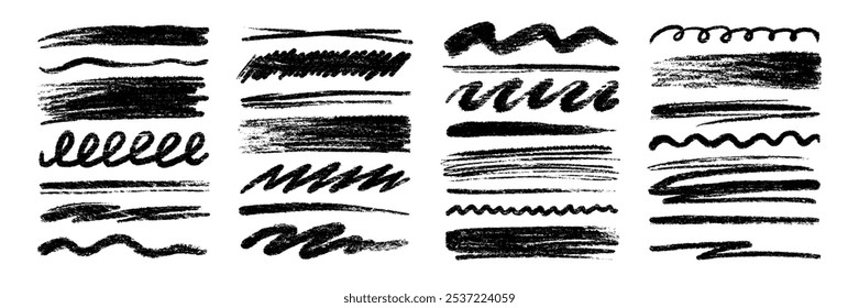 Crayon brush pencil stroke sketch underline. Crayon pencil line scribble chalk stroke. Vector hand drawn brush sketch element set for accent, texture emphasis paint. Scratch chalk vector illustration