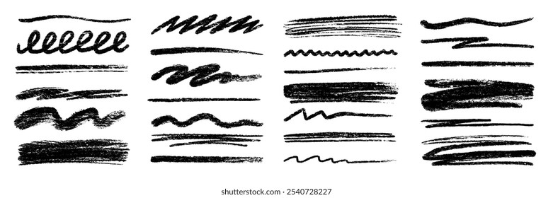 Crayon pincel lápis traçado esboço sublinhado. Traço de giz de rabisco de linha de lápis de giz. Vetor mão desenhada pincel esboço elemento definido para ênfase acentuação, textura pintura. Ilustração do vetor de giz de ranhura