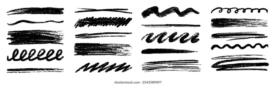 Crayon brush pencil stroke sketch underline. Crayon pencil line scribble chalk stroke. Vector hand drawn brush sketch element set for accent, texture emphasis paint. Scratch chalk vector illustration
