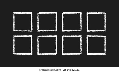 Crayon brush sketch square frame. Messy hand scribbled line shape. Pastel kids stroke texture border. Grunge doodle square vector set. Vector graphic.