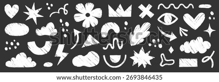 Crayon brush sticker cute organic line shape set. Hand drawn sketch doodle scribble paint brush geometric figure crayon chalkboard. Abstract arrow, circle heart, chalk elements. Vector illustration
