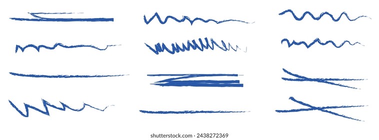 Crayon brush stroke blue underline. Chalk pen highlight stroke. Vector hand drawn brush underline element set for accent, crayon texture emphasis element. Blue chalk vector file illustration. EPS 10