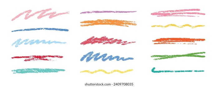 Crayon brush stroke color underline. Chalk pen highlight stroke. Vector hand drawn brush underline element set for accent, crayon texture emphasis element. Color kid chalk vector illustration