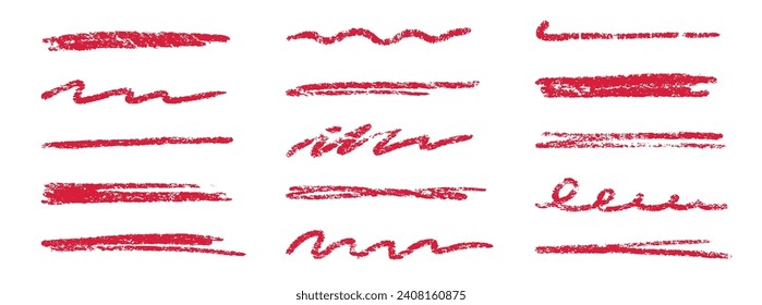 Crayon brush stroke red underline. Chalk pen highlight stroke. Vector hand drawn brush underline element set for accent, crayon texture emphasis element. Red chalk vector illustration