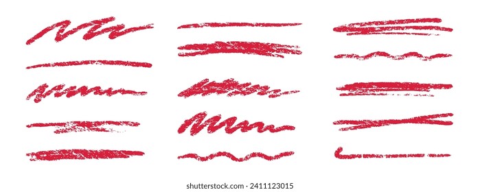 El pincel de rayón se pinchó de rojo subrayado. Marcar el trazo de resaltado de la pluma. Elemento de subrayado de pincel dibujado a mano vectorial para el acento, elemento de énfasis de textura crayon. Ilustración vectorial de tiza roja