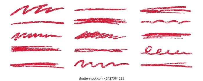 Crayon brush stroke red underline. Chalk pen highlight stroke. Vector hand drawn brush underline element set for accent, crayon texture emphasis element. Red chalk vector illustration