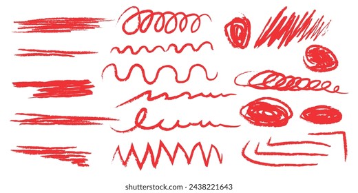 Crayon brush stroke red underline. Chalk pen highlight stroke. Vector hand drawn brush underline element set for accent, crayon texture emphasis element. Red chalk vector
