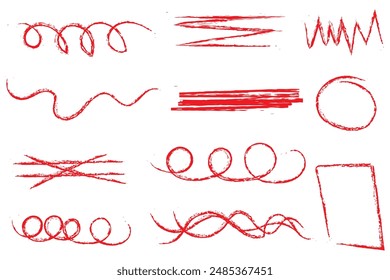Crayon brush stroke red underline. Chalk pen highlight stroke. Vector hand drawn brush underline element set for accent, crayon texture emphasis element. Red chalk vector illustration