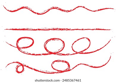 Crayon brush stroke red underline. Chalk pen highlight stroke. Vector hand drawn brush underline element set for accent, crayon texture emphasis element. Red chalk vector illustration