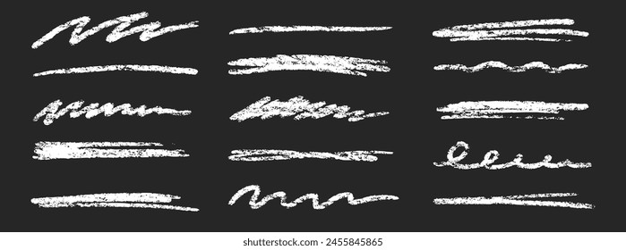 Pinselstrich unterstreichen. Markierungsstrich für Kreide-Stift. Vektorgrafik Handgezeichnetes Pinsel-Unterstreichungselement-Set für Akzent, Kreide-Textur-Hervorhebungselement. Vektorillustration aus weißer Kreide.