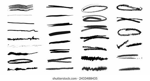 Crayon brush stroke underline set. Grunge creative text decoration.  Chalk pen highlight stroke. Vector illustration for banner, web site