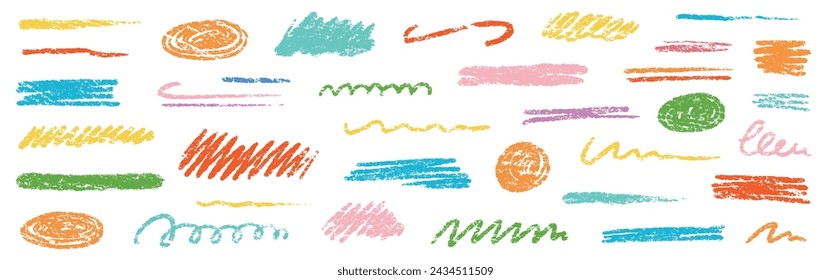 Crayon brush underline color stroke. Chalk kid highlight scribble stroke. Vector hand drawn brush underline element set for accent, crayon texture emphasis element. Rough chalk vector illustration