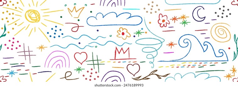 Crayon brush underline color stroke. Drawn with a colored wax pencil. Seamless children's pattern.