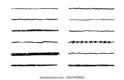 Crayon brush underline stroke set. Chalk mark brush line paint vector stroke. Hand drawn grunge texture charcoal pencil underline. Chalk pastel background vector illustration.