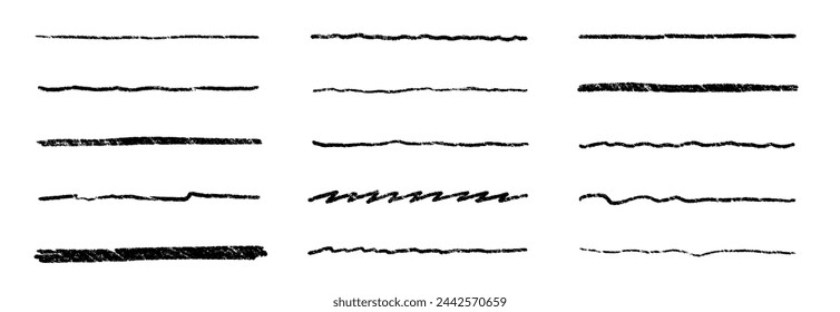 Crayon brush underline stroke set. Chalk mark brush line paint vector stroke. Hand drawn grunge texture charcoal pencil underline. Chalk pastel background vector illustration.