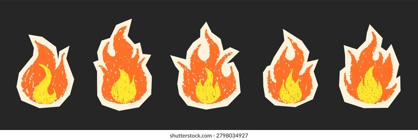 Crayon burning fire or flame. Wax scribble wildfire stickers. Vector set. Collage style.