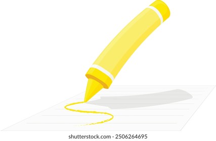 A crayon cartoon drawing a line on a paper on white background. Yellow colored crayon drawing.