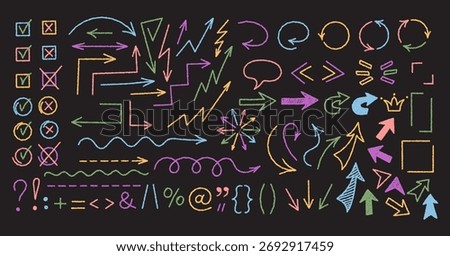 Crayon chalk arrow icon set and hand drawn symbol in blackboard style. Colorful check box, box, swirl and quote graphic, with font elements, create a vibrant collection for creative backgrounds.