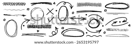 Crayon or chalk brush drawn arrow, line and ellipses, ovals and bubbles to circle and highlight text. Big collection of charcoal and ink textured emphasis  and underline elements. Vector illustration