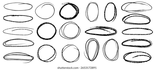 Crayon or chalk brush drawn ellipses, ovals and bubbles to circle and highlight text. Big collection of charcoal and ink textured emphasis elements. Vector round outline shapes.