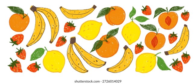 Crayon e giz desenhado fruta adesivos coleção. Ilustrações de banana-vetor desenhadas à mão, morango, limão e damasco. Ícones infantis divertidos e divertidos de clipe de arte de frutas. Cliparts de alimentos de textura de giz de cera.