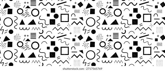 Crayón o tiza dibujado Formas geométricas sin patrón. Áspero lápiz naive formas básicas papel de embalaje para el diseño de los niños. Círculos gráficos dibujados a mano, cuadrados y fondo sin fisuras de cuadrícula.
